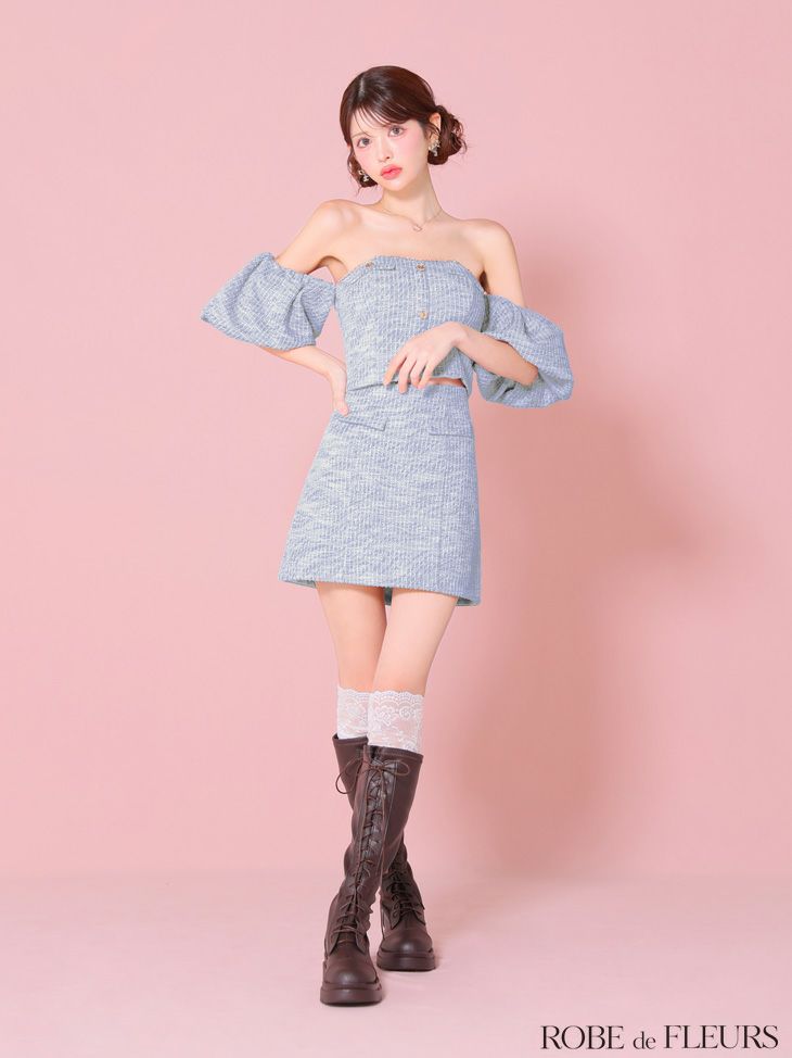 ROBE de FLEURS ローブドフルール ニットツイードオフショルセットアップタイトミニキャバドレス fm3269-c