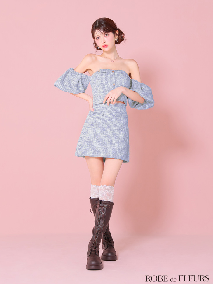 ROBE de FLEURS ローブドフルール ニットツイードオフショルセットアップタイトミニキャバドレス fm3269-c
