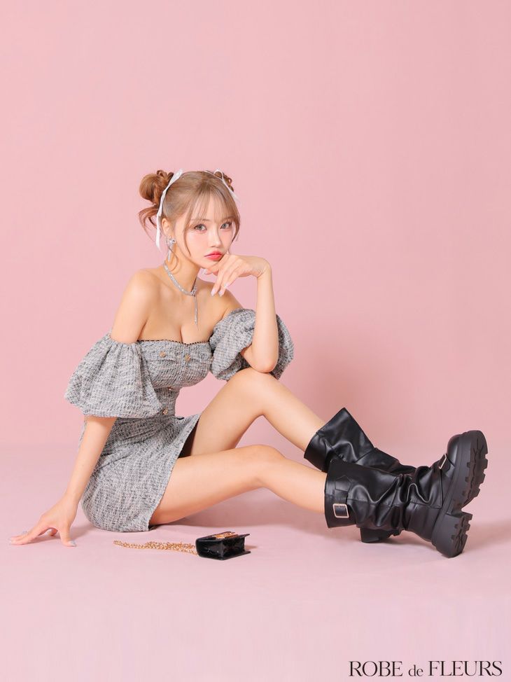 ROBE de FLEURS ローブドフルール ニットツイードオフショルセットアップタイトミニキャバドレス fm3269-c