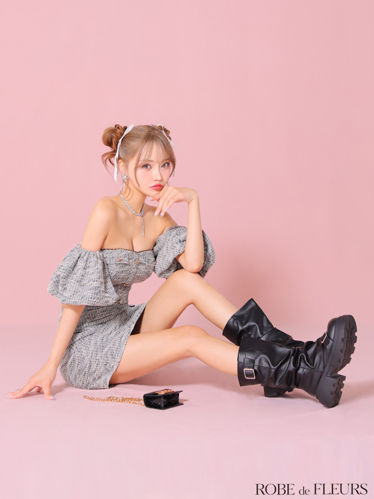 ROBE de FLEURS ローブドフルール ニットツイードオフショルセットアップタイトミニキャバドレス fm3269-c