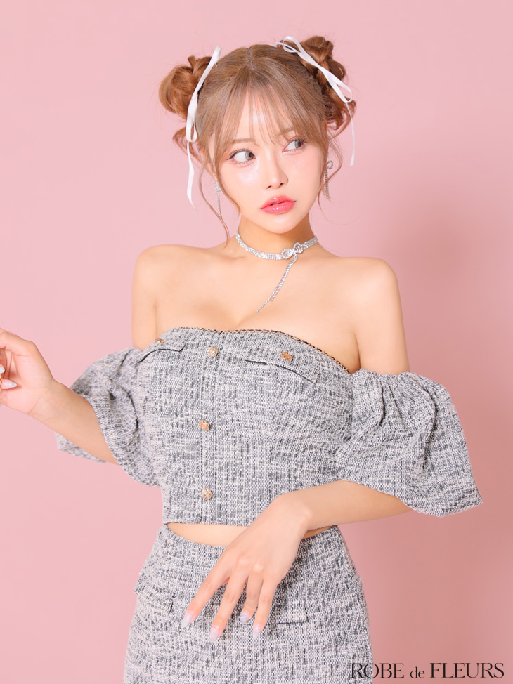 ROBE de FLEURS ローブドフルール ニットツイードオフショルセットアップタイトミニキャバドレス fm3269-c