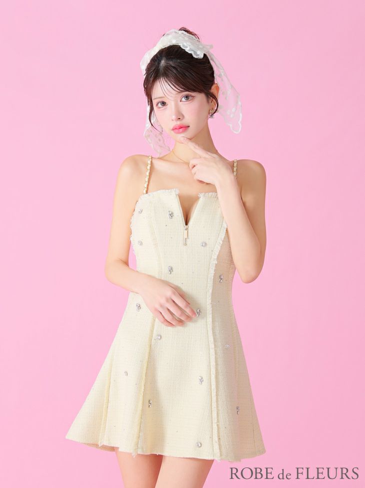 ROBE de FLEURS ローブドフルール イエロー ラメツイードランダムビジューキャミドレス fm3501-3