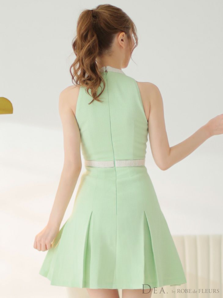  DEA. ディア バイ ローブドフルール ミント スプリングツイード×ホルターミニフレアドレス de3519-1