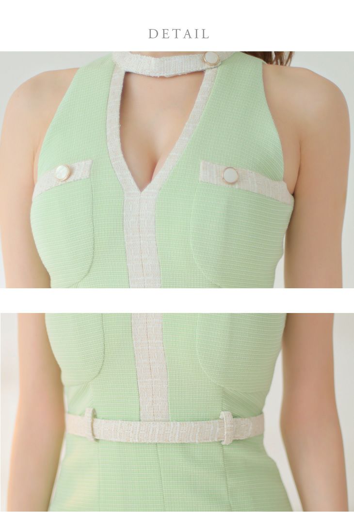  DEA. ディア バイ ローブドフルール ミント スプリングツイード×ホルターミニフレアドレス de3519-1