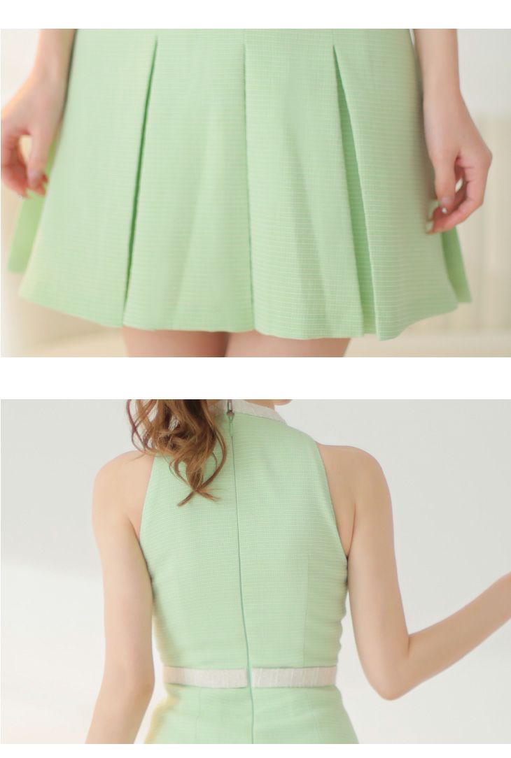  DEA. ディア バイ ローブドフルール ミント スプリングツイード×ホルターミニフレアドレス de3519-1