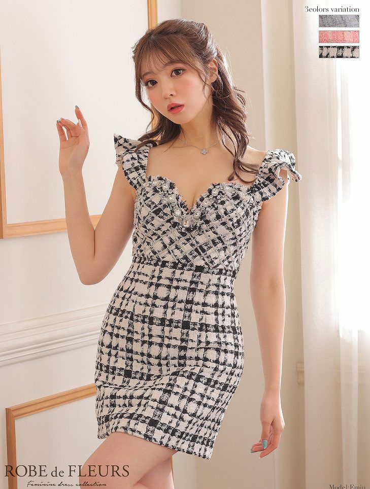 ROBE de FLEURS ローブドフルール 大粒ビジューｘラメツイードミニキャバドレス fm2655-s25