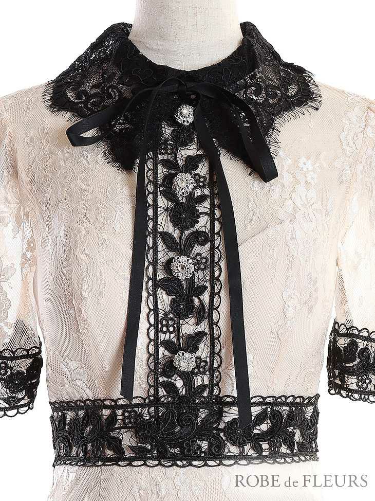 ROBE de FLEURS ローブドフルール リボン付き襟ｘバイカラーレースタイトミニキャバドレス fm2596-s25