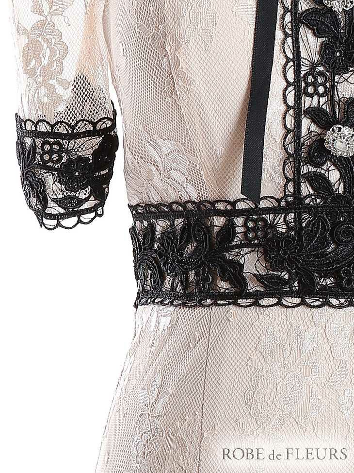 ROBE de FLEURS ローブドフルール リボン付き襟ｘバイカラーレースタイトミニキャバドレス fm2596-s25