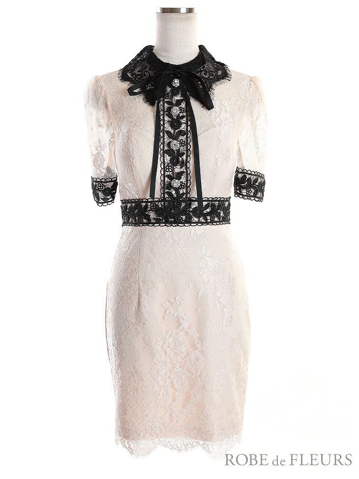 ROBE de FLEURS ローブドフルール リボン付き襟ｘバイカラーレースタイトミニキャバドレス fm2596-s25