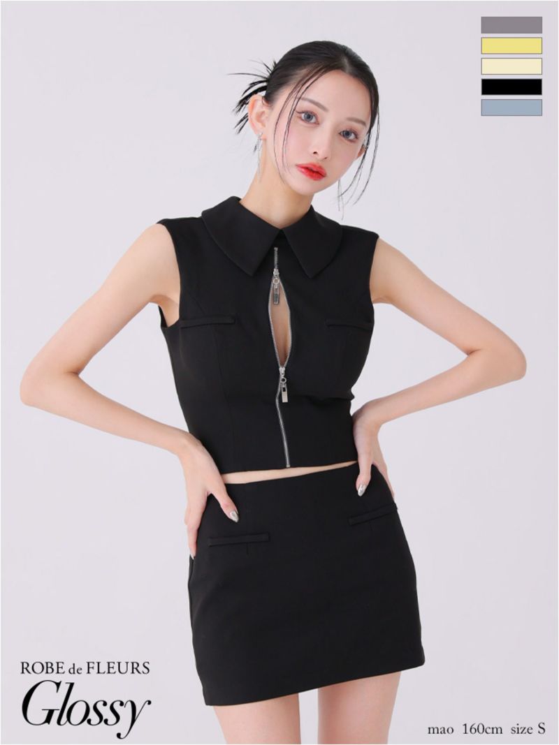 Glossy ローブドフルールグロッシー バックオープンフロントジップタイトセットアップミニキャバドレス gl3925-c