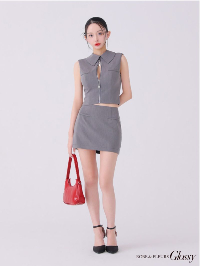 Glossy ローブドフルールグロッシー バックオープンフロントジップタイトセットアップミニキャバドレス gl3925-c