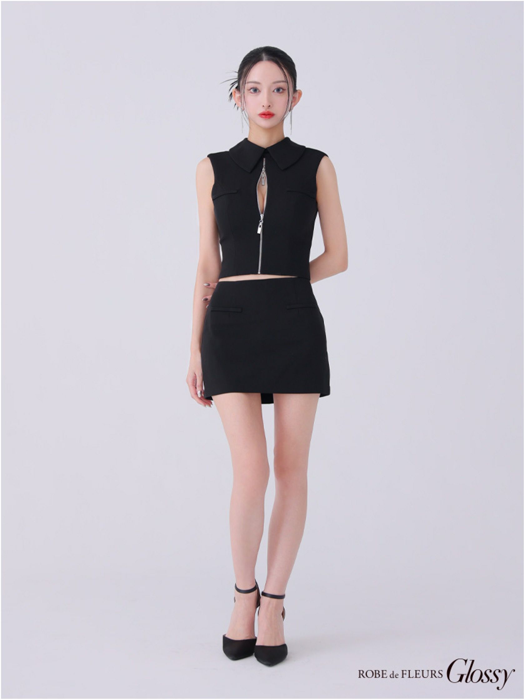 Glossy ローブドフルールグロッシー バックオープンフロントジップタイトセットアップミニキャバドレス gl3925-c