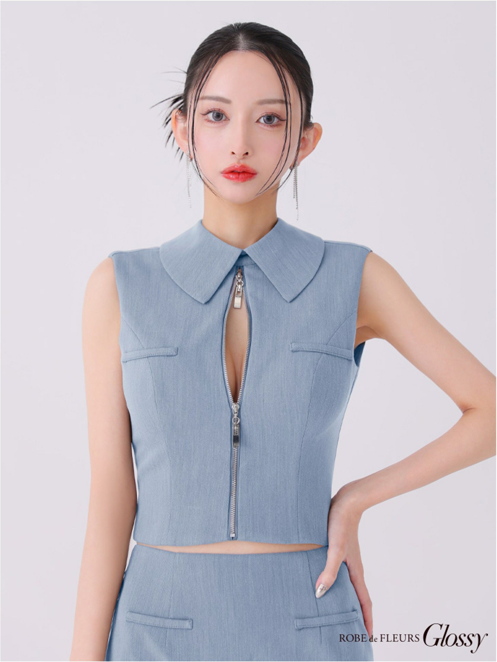 Glossy ローブドフルールグロッシー バックオープンフロントジップタイトセットアップミニキャバドレス gl3925-c