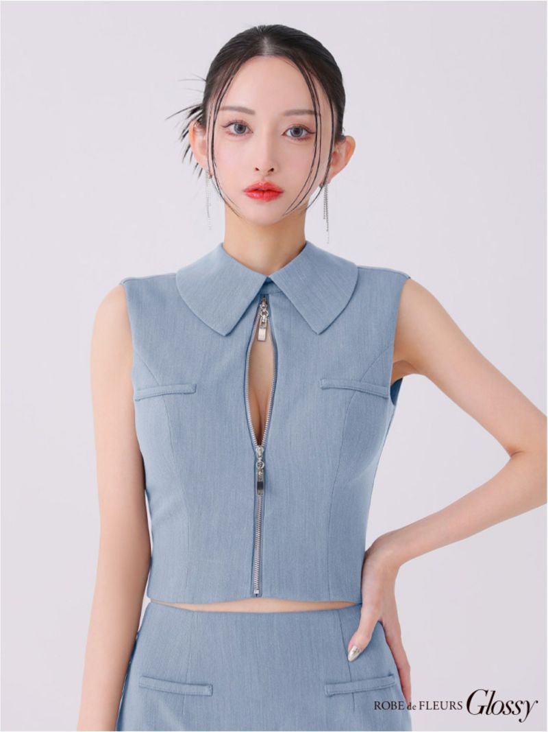 Glossy ローブドフルールグロッシー バックオープンフロントジップタイトセットアップミニキャバドレス gl3925-c