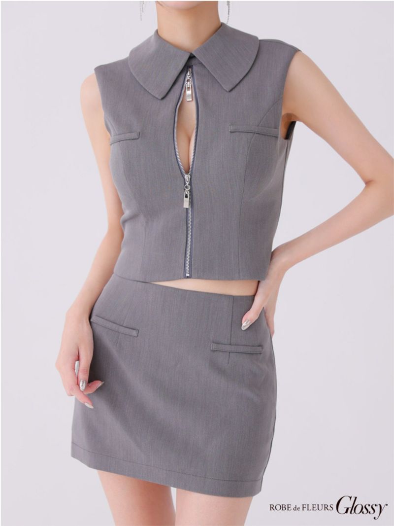 Glossy ローブドフルールグロッシー バックオープンフロントジップタイトセットアップミニキャバドレス gl3925-c