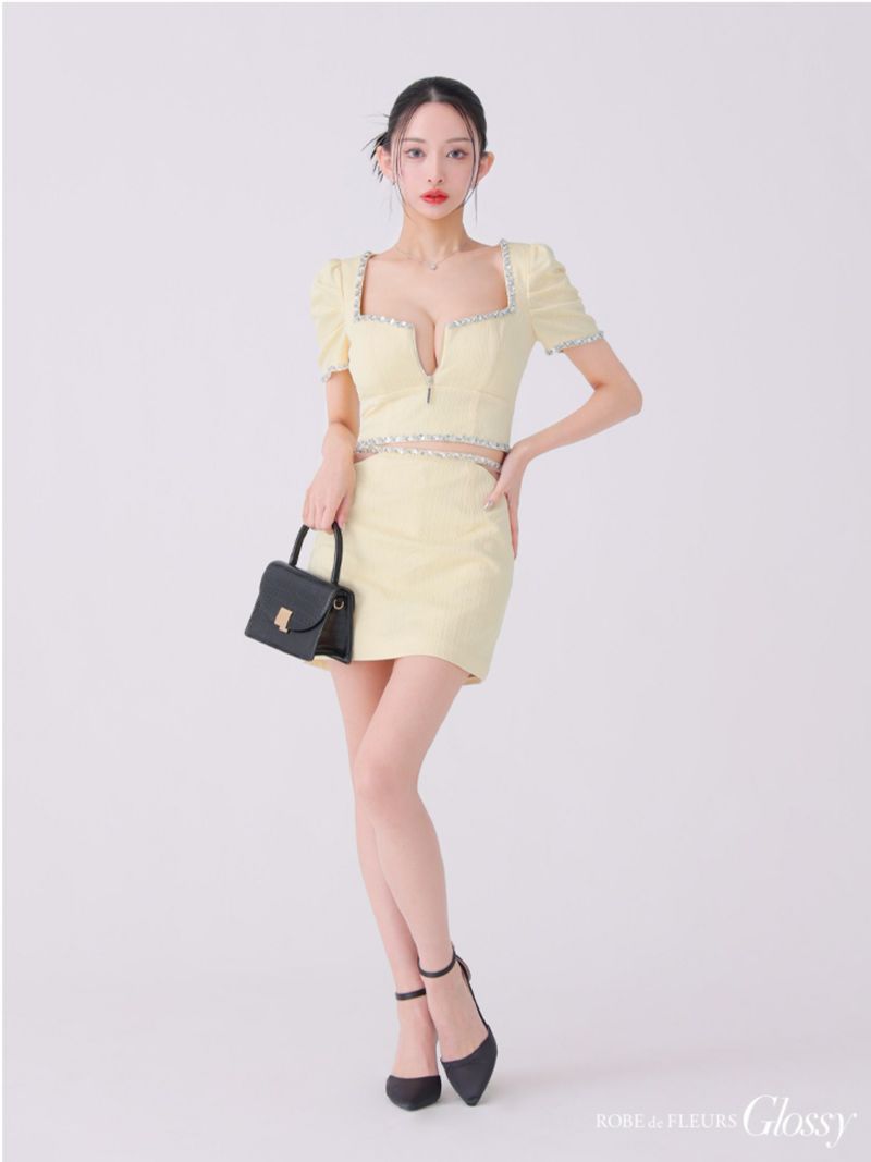 Glossy ローブドフルールグロッシー ビジューリブニットウエストシアータイトキャバドレス gl3922-c