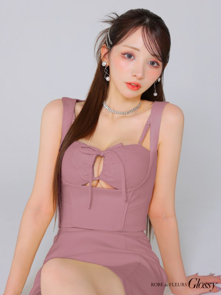 Glossy ローブドフルールグロッシー ピンク バストリボンストレッチワッフルセットアップミニキャバドレス gl3589-3