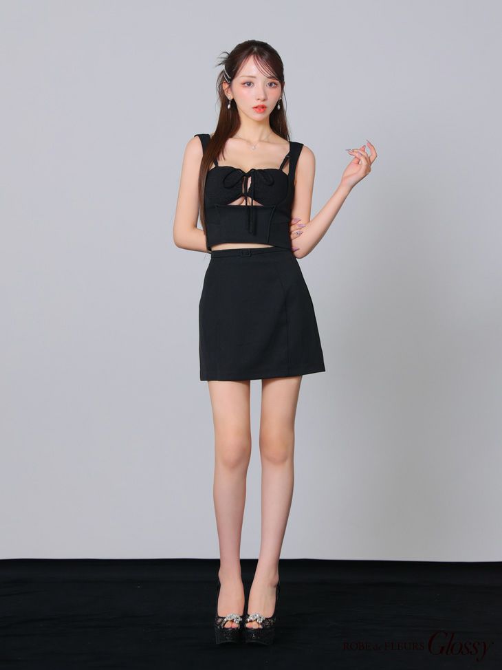 Glossy ローブドフルールグロッシー ブラック バストリボンストレッチワッフルセットアップミニキャバドレス gl3589-4
