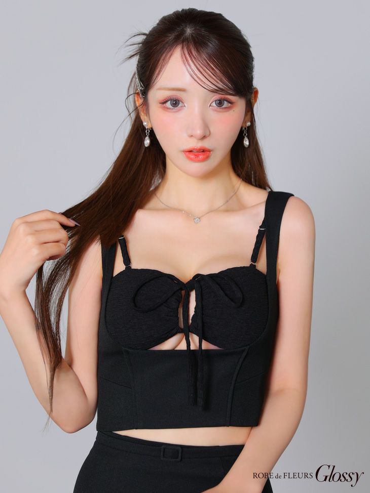 Glossy ローブドフルールグロッシー ブラック バストリボンストレッチワッフルセットアップミニキャバドレス gl3589-4
