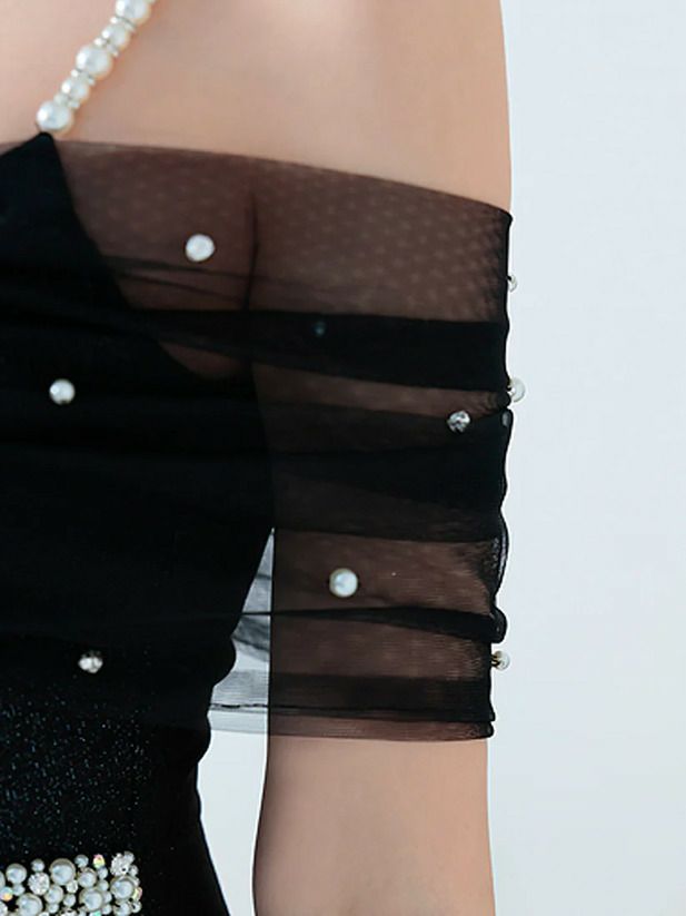 AngelR エンジェルアール オフショルダーレースパールビジュータイトマイクロミニドレス サックス ar25206-1