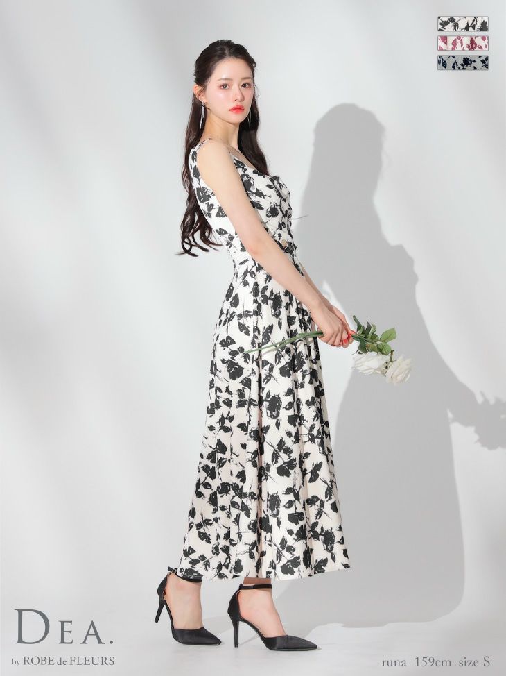 DEA. ディア バイ ローブドフルール アイボリー×ピンク 花柄スクエアネックフレアロングキャバドレス de3382-2