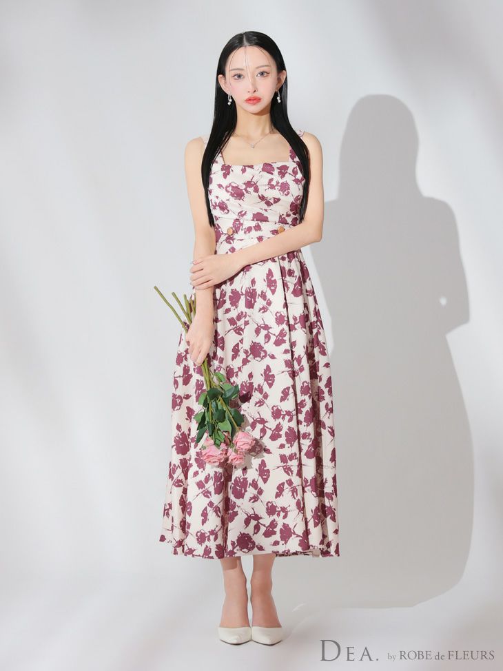 DEA. ディア バイ ローブドフルール アイボリー×ピンク 花柄スクエアネックフレアロングキャバドレス de3382-2