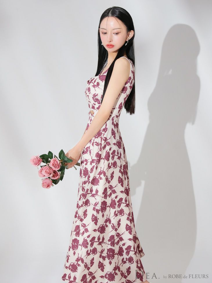 DEA. ディア バイ ローブドフルール アイボリー×ピンク 花柄スクエアネックフレアロングキャバドレス de3382-2