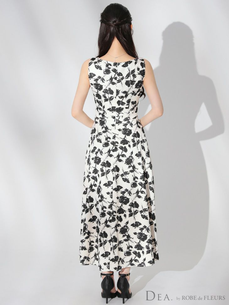 DEA. ディア バイ ローブドフルール アイボリー×ピンク 花柄スクエアネックフレアロングキャバドレス de3382-2