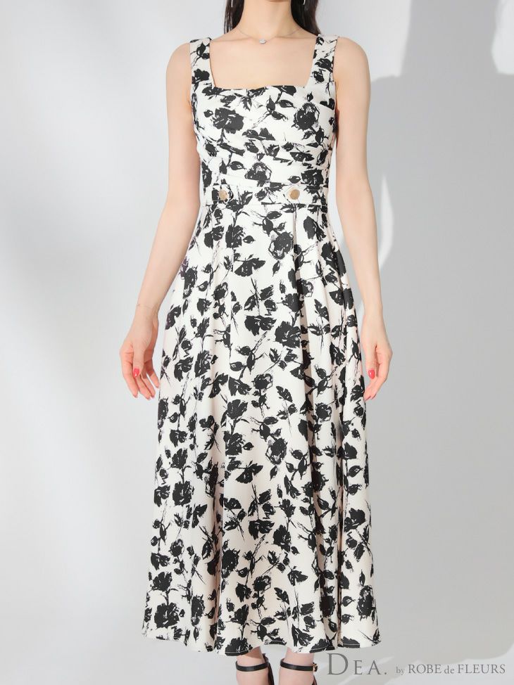 DEA. ディア バイ ローブドフルール アイボリー×ピンク 花柄スクエアネックフレアロングキャバドレス de3382-2