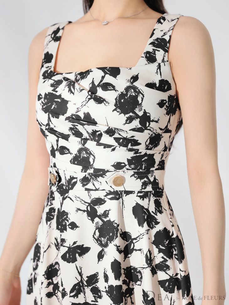 DEA. ディア バイ ローブドフルール アイボリー×ピンク 花柄スクエアネックフレアロングキャバドレス de3382-2