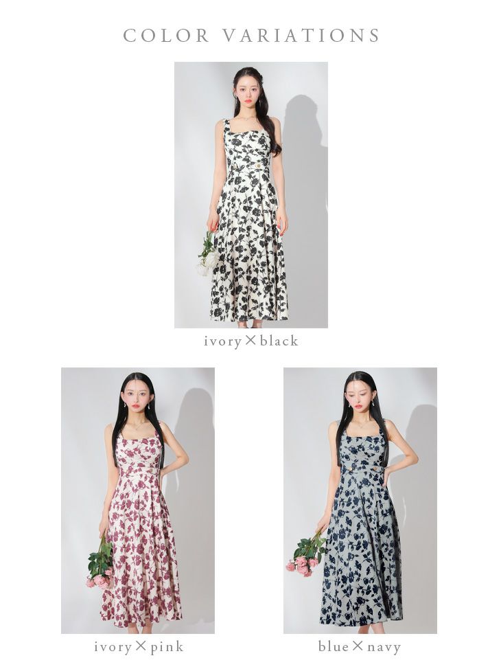 DEA. ディア バイ ローブドフルール アイボリー×ピンク 花柄スクエアネックフレアロングキャバドレス de3382-2