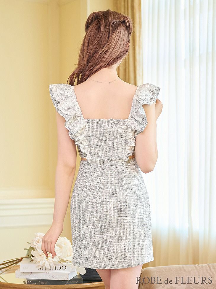 ROBE de FLEURS ローブドフルール レースフリル袖×ウエストカットラメツイードキャバドレス fm2657-s25
