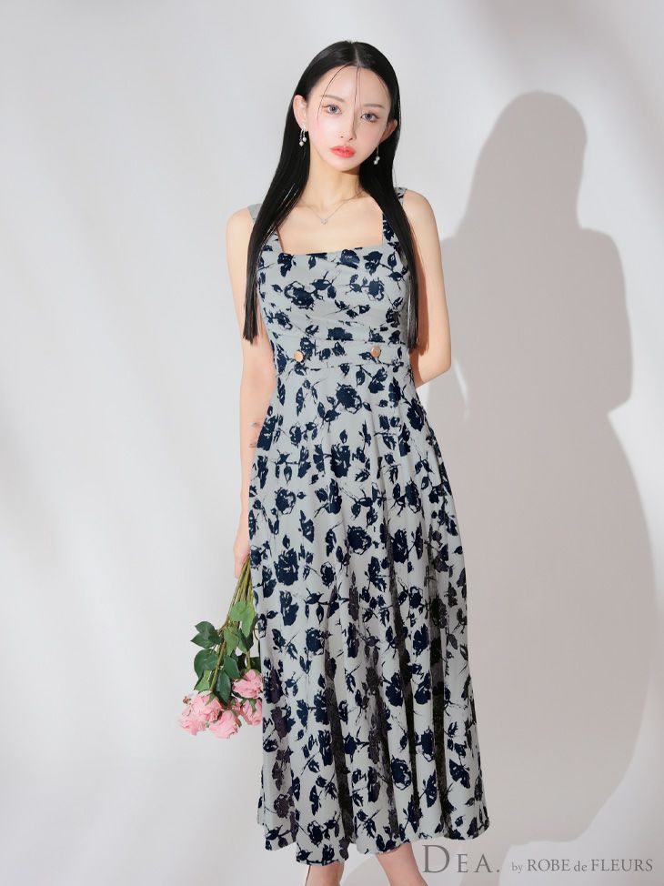 DEA. ディア バイ ローブドフルール 花柄スクエアネックフレアロングキャバドレス de3382-c