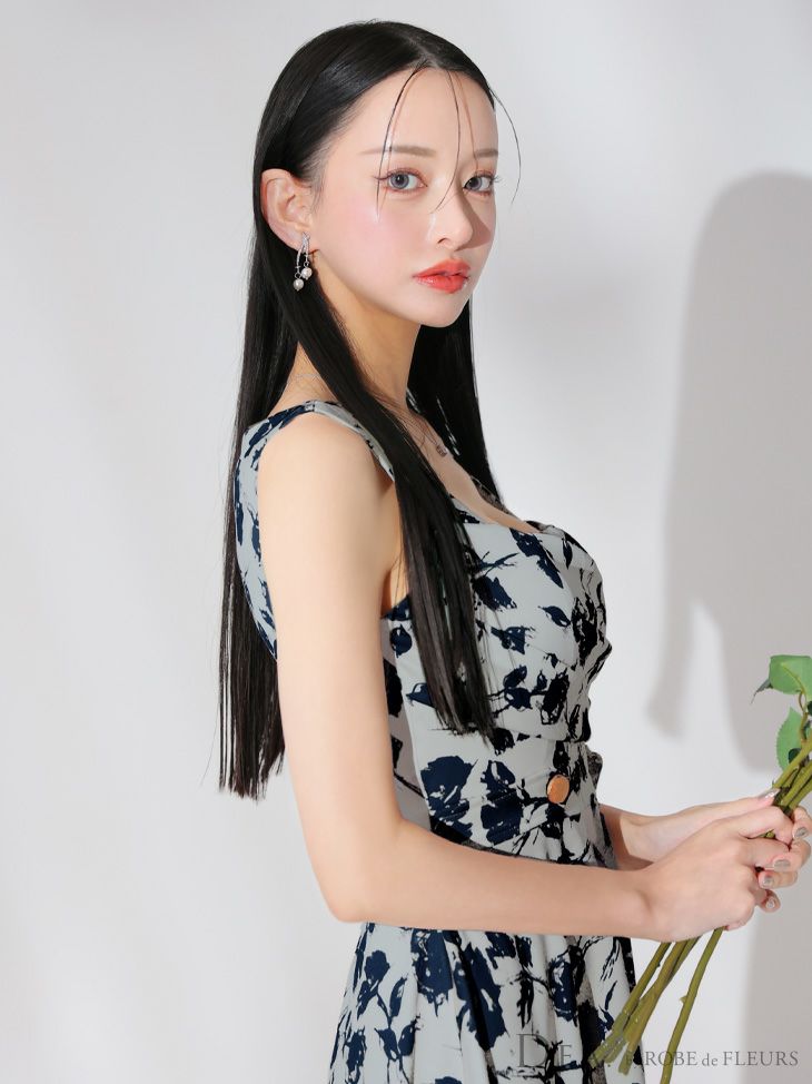 DEA. ディア バイ ローブドフルール 花柄スクエアネックフレアロングキャバドレス de3382-c