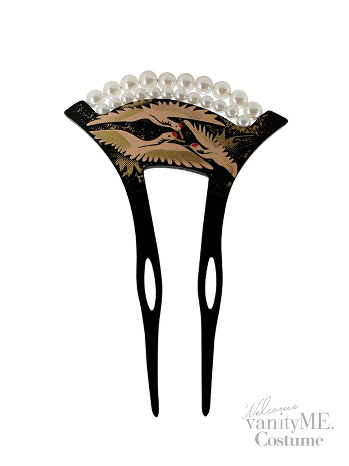 パール付きかんざし 鶴 黒 花魁 和装 髪飾り vcsit-24118