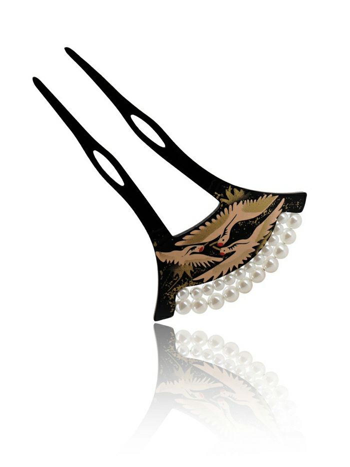 パール付きかんざし 鶴 黒 花魁 和装 髪飾り vcsit-24118