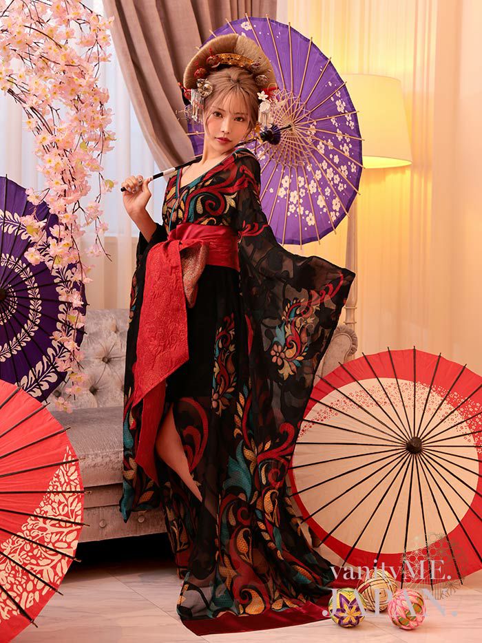 【2点セット】 漆黒花魁 花魁コスチューム モダン柄 遊女 和柄 本格和装 着物 花魁ドレス vcsot-241117-1