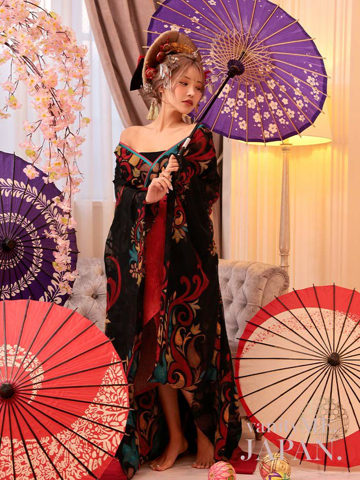 【2点セット】 漆黒花魁 花魁コスチューム モダン柄 遊女 和柄 本格和装 着物 花魁ドレス vcsot-241117-1