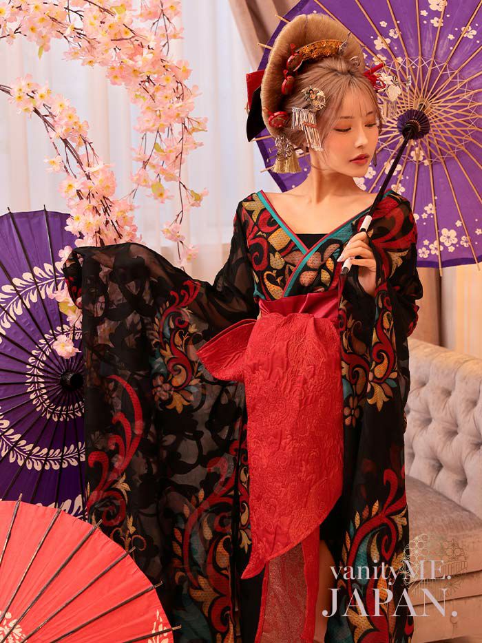 【2点セット】 漆黒花魁 花魁コスチューム モダン柄 遊女 和柄 本格和装 着物 花魁ドレス vcsot-241117-1