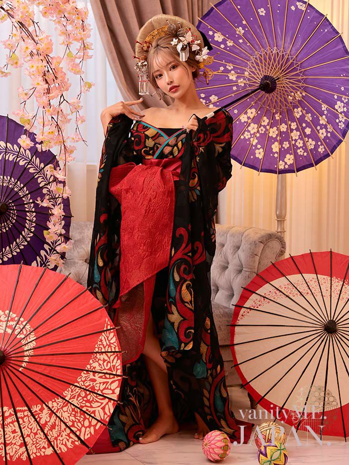 【2点セット】 漆黒花魁 花魁コスチューム モダン柄 遊女 和柄 本格和装 着物 花魁ドレス vcsot-241117-1