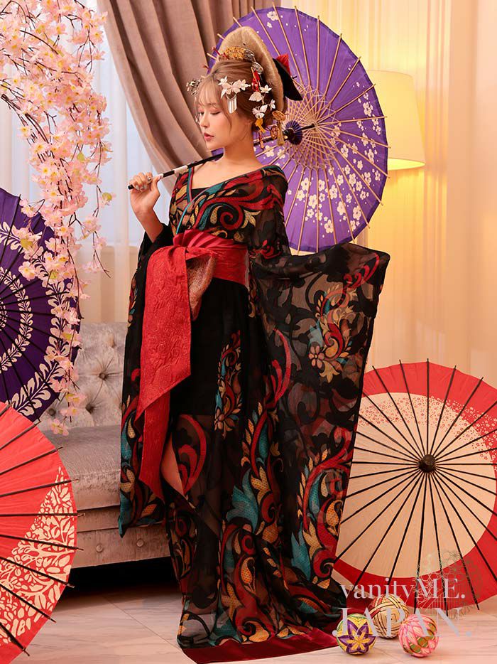 【2点セット】 漆黒花魁 花魁コスチューム モダン柄 遊女 和柄 本格和装 着物 花魁ドレス vcsot-241117-1