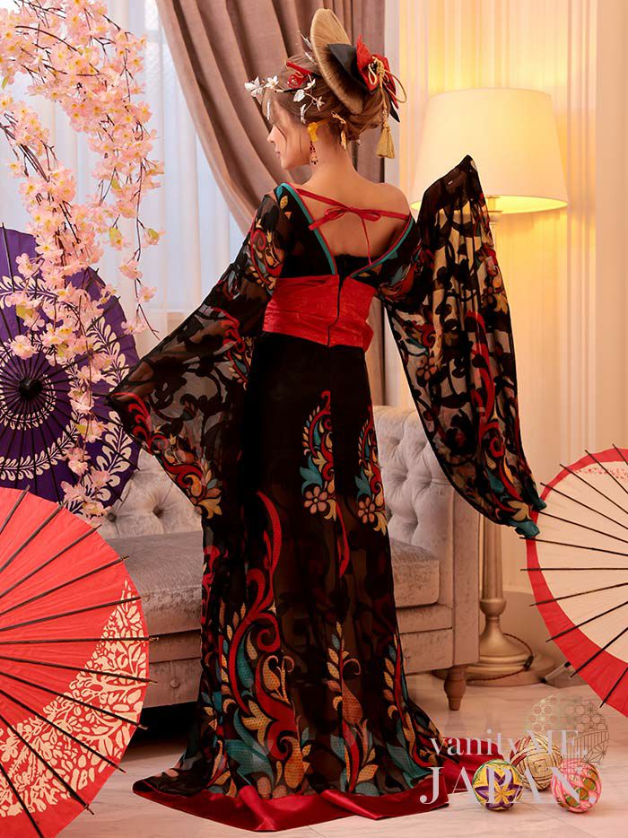 【2点セット】 漆黒花魁 花魁コスチューム モダン柄 遊女 和柄 本格和装 着物 花魁ドレス vcsot-241117-1