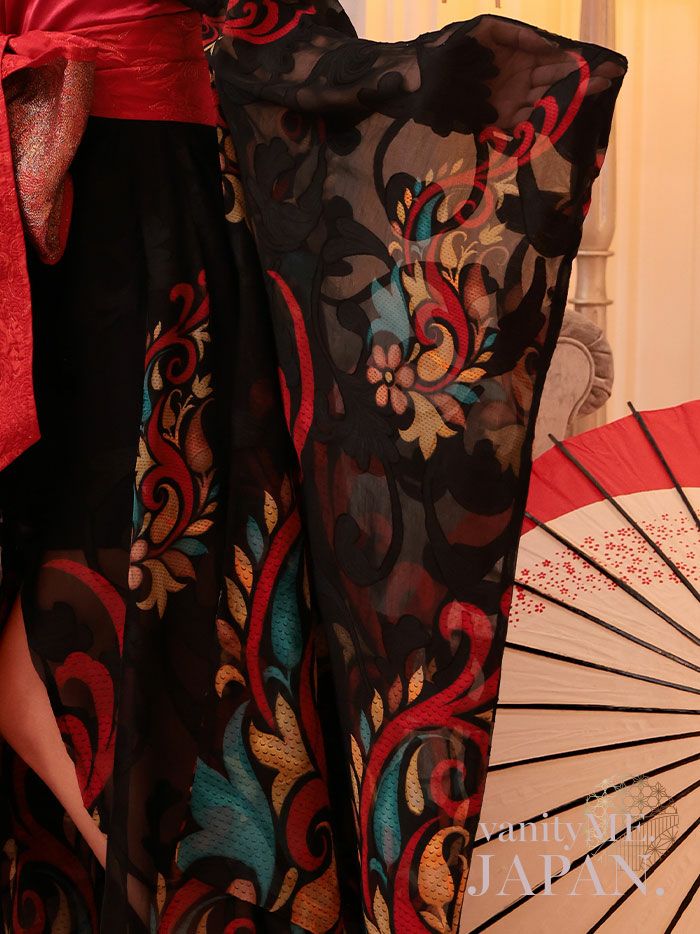 【2点セット】 漆黒花魁 花魁コスチューム モダン柄 遊女 和柄 本格和装 着物 花魁ドレス vcsot-241117-1