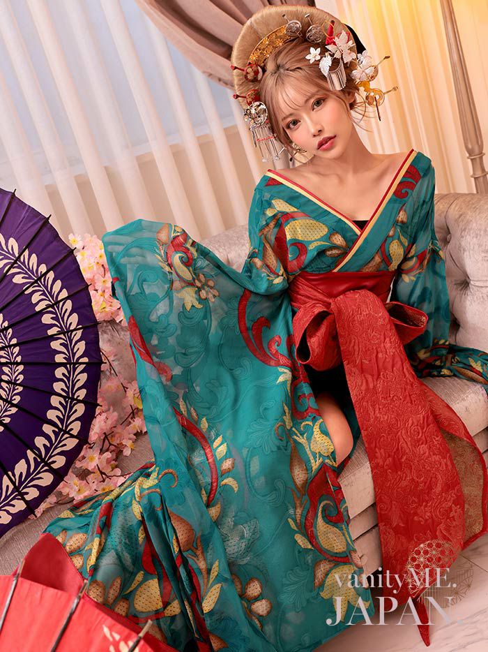 【2点セット】 翠色花魁 花魁コスチューム モダン柄 遊女 和柄 本格和装 着物 花魁ドレス vcsot-241117-2