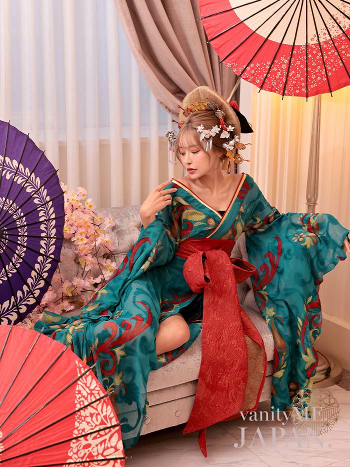 【2点セット】 翠色花魁 花魁コスチューム モダン柄 遊女 和柄 本格和装 着物 花魁ドレス vcsot-241117-2