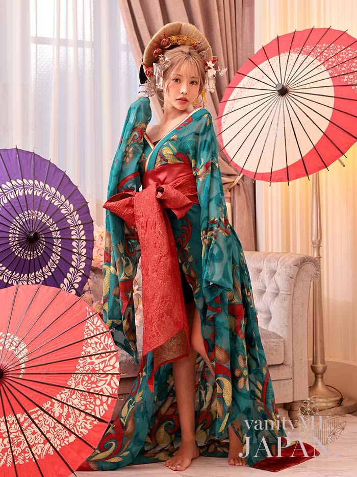 【2点セット】 翠色花魁 花魁コスチューム モダン柄 遊女 和柄 本格和装 着物 花魁ドレス vcsot-241117-2