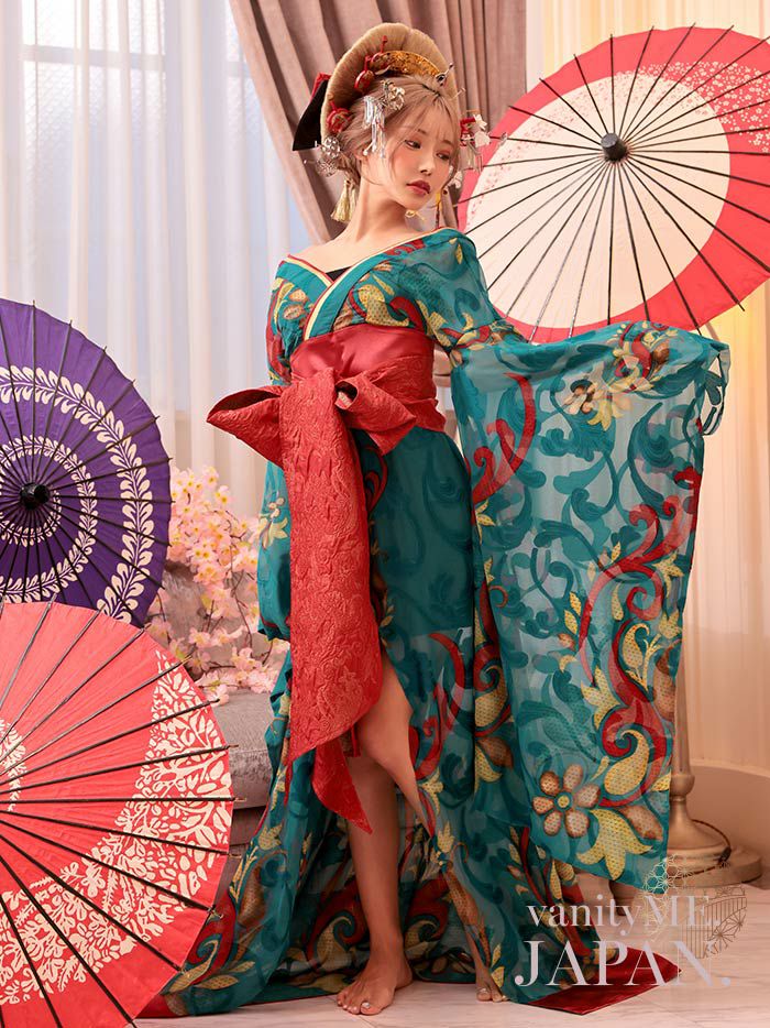 【2点セット】 翠色花魁 花魁コスチューム モダン柄 遊女 和柄 本格和装 着物 花魁ドレス vcsot-241117-2