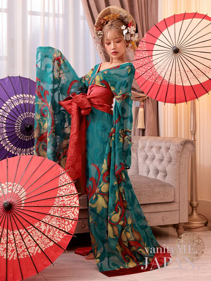 【2点セット】 翠色花魁 花魁コスチューム モダン柄 遊女 和柄 本格和装 着物 花魁ドレス vcsot-241117-2