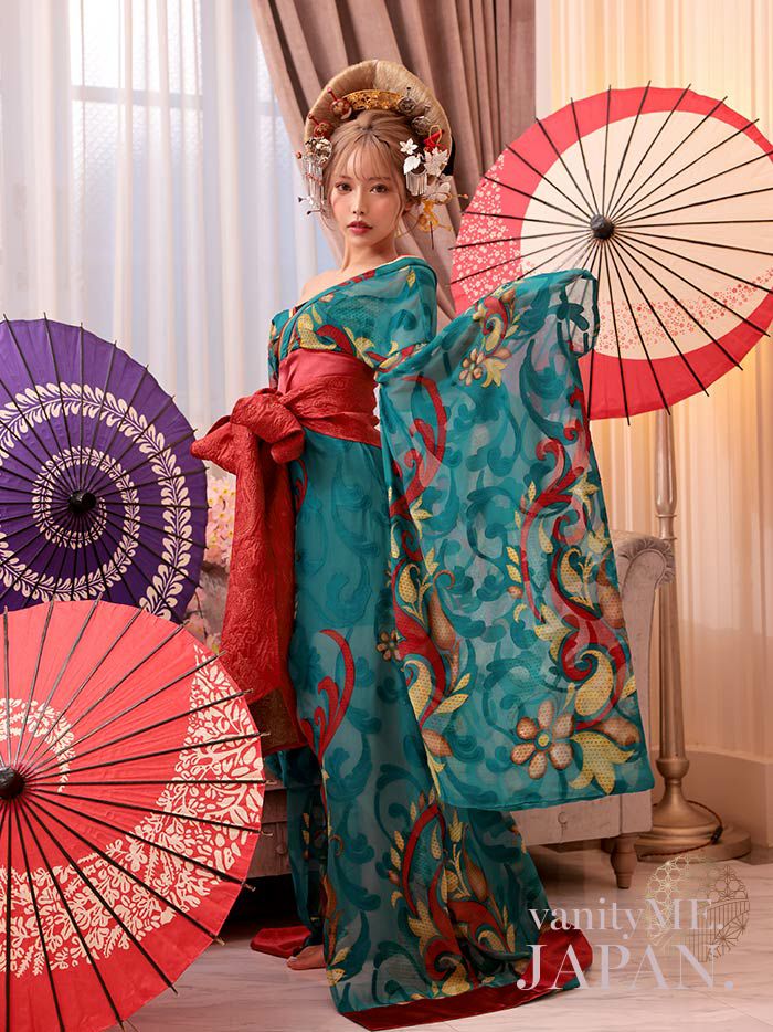 【2点セット】 翠色花魁 花魁コスチューム モダン柄 遊女 和柄 本格和装 着物 花魁ドレス vcsot-241117-2