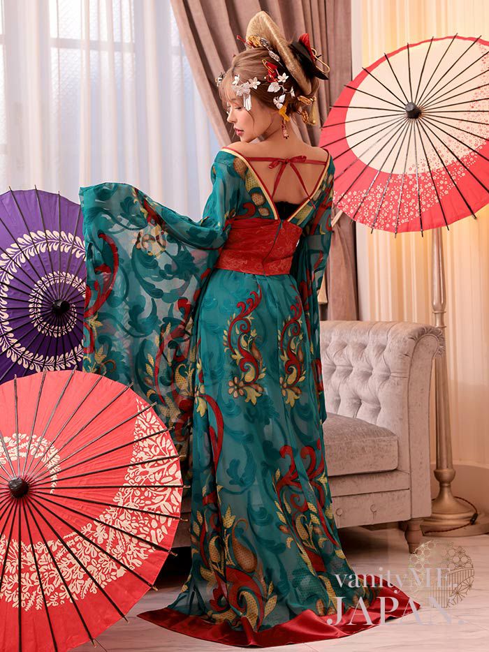 【2点セット】 翠色花魁 花魁コスチューム モダン柄 遊女 和柄 本格和装 着物 花魁ドレス vcsot-241117-2